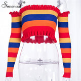 Simenual Rainbow stripes off shoulder crop top lady's