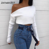 ZHYMIHRET Autumn One Shoulder White Knitted Pullover Women