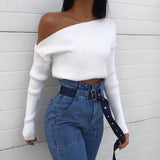 ZHYMIHRET Autumn One Shoulder White Knitted Pullover Women