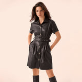 Women Vintage Front Button Sashes A-line PU Dress Short