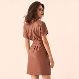 Women Vintage Front Button Sashes A-line PU Dress Short