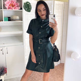 Women Vintage Front Button Sashes A-line PU Dress Short