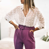 Women White Lace Chiffon Blouse Long Sleeve
