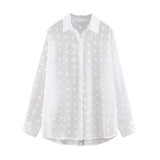 Women White Lace Chiffon Blouse Long Sleeve