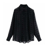 Women White Lace Chiffon Blouse Long Sleeve