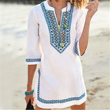 2019 Women Beachwear Cover-ups Summer Vintage Embroidery Beach Dress