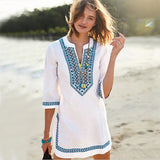2019 Women Beachwear Cover-ups Summer Vintage Embroidery Beach Dress