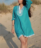 2019 Women Beachwear Cover-ups Summer Vintage Embroidery Beach Dress