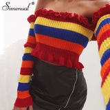 Simenual Rainbow stripes off shoulder crop top lady's